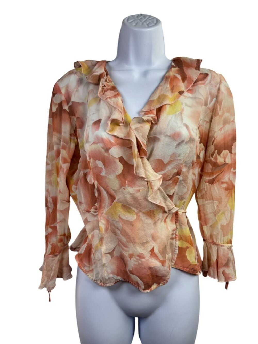 The Limited Floral 100% Silk Ruffle True Wrap Blouse Top Size Small Sheer Y2K 90
